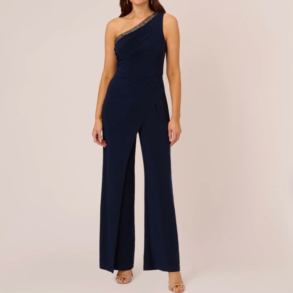 NEW Adriana Papell Beaded One Shoulder Matte Jersey Navy Jumpsuit Size 4